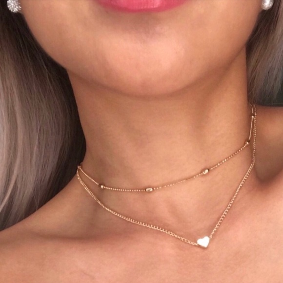 mam262 Jewelry - Double Layered Gold Heart Choker Necklace